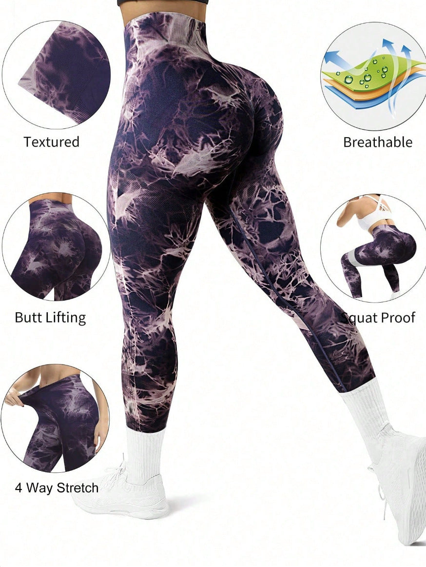 Pantalon de yoga sans coutures taille haute effet "pêche" tie-dye pour femme
