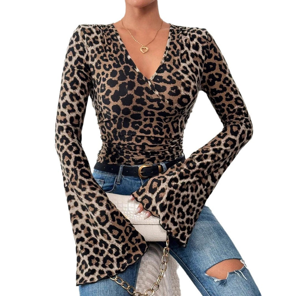 Haut en maille léopard sexy moulant avec col en V superposé et manches cloche