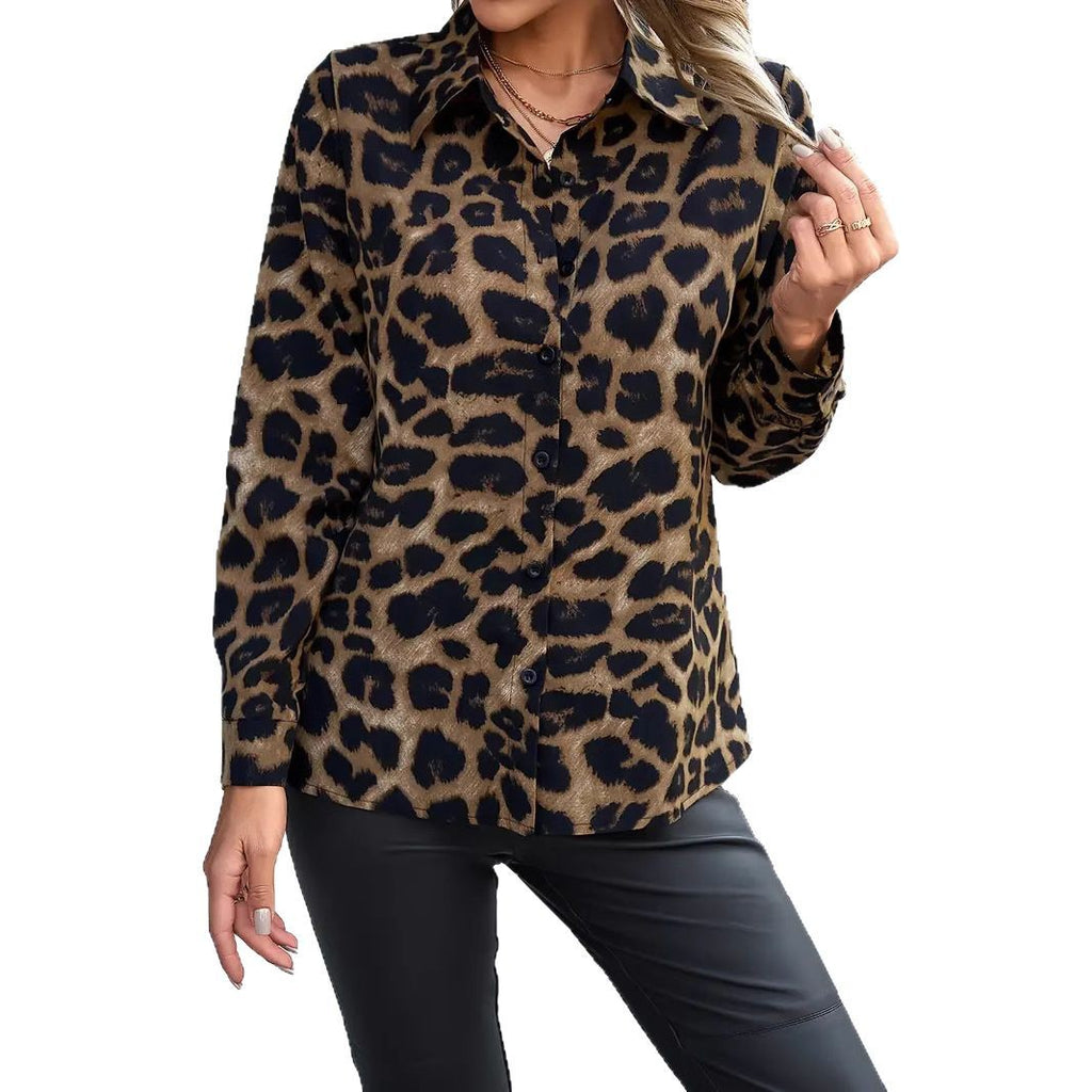 "Chemise décontractée à manches longues pour femme avec imprimé léopard et boucle au col".