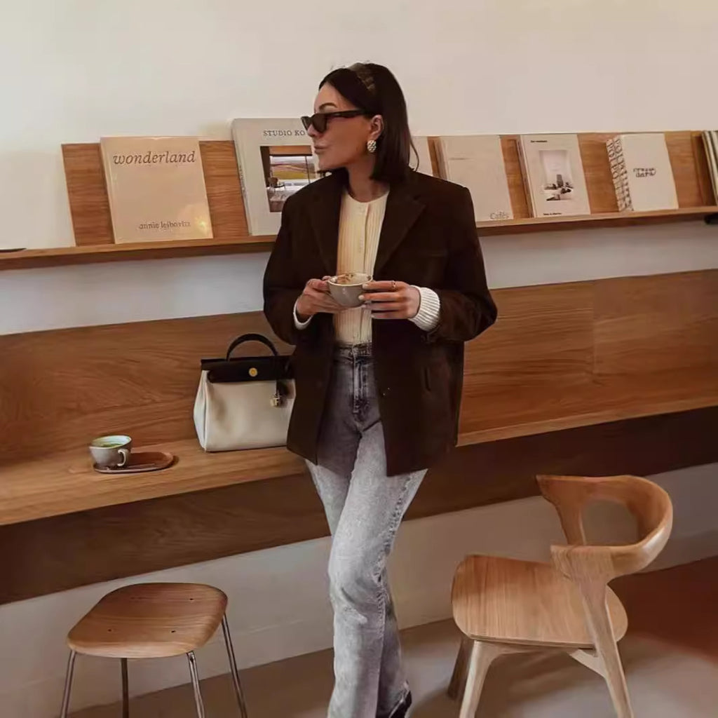 Veste femme type tailleur en faux daim, modèle décontracté