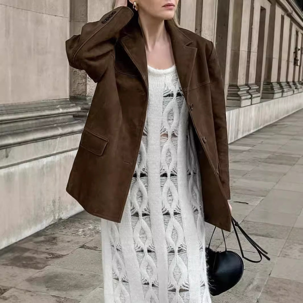 Veste femme type tailleur en faux daim, modèle décontracté