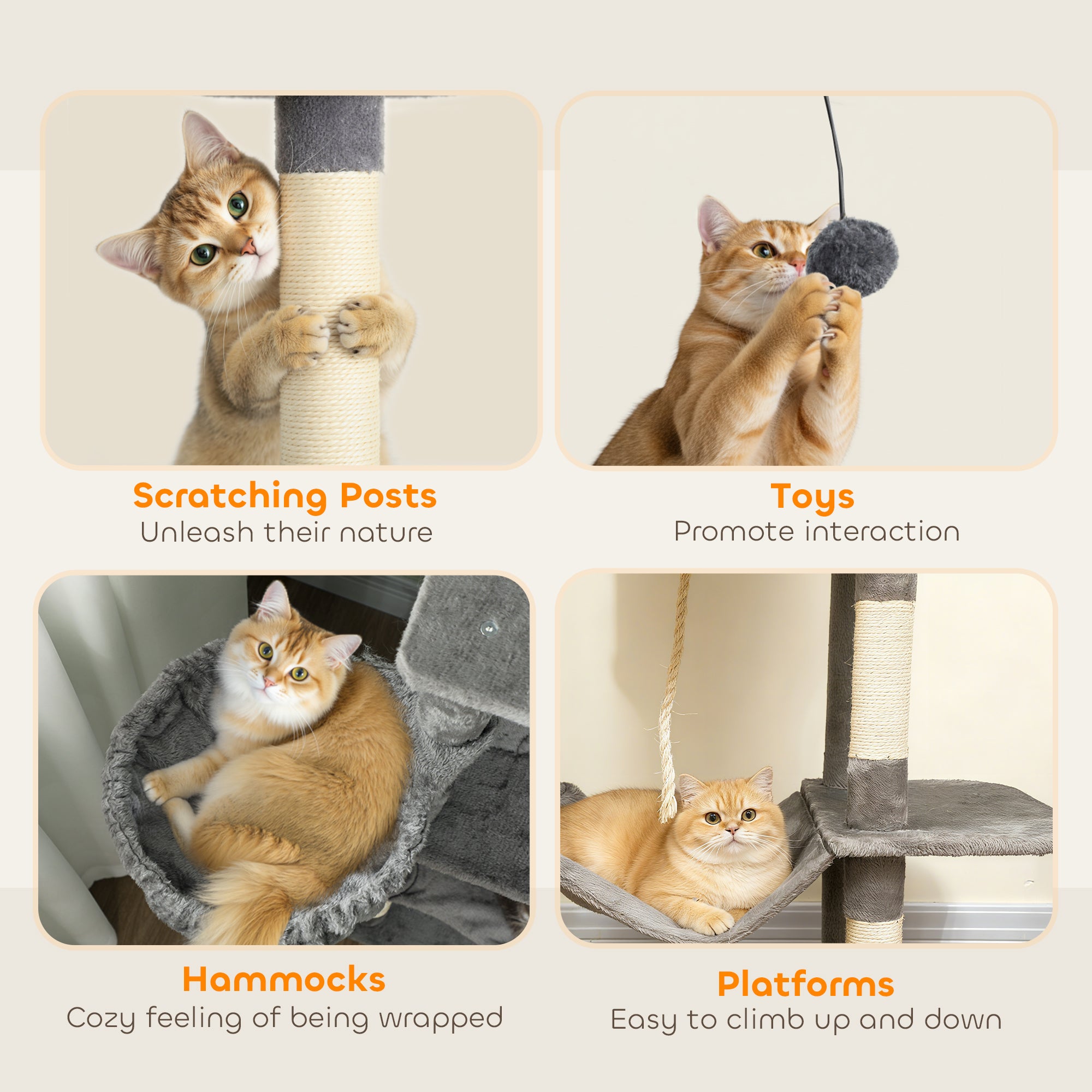 Albero per gatti Feandrea, altezza 112 cm/143 cm, torre per gatti, con 4 tiragraffi, 2 piattaforme, 1 grotta, 1 amaca, 2 pompon, tessuto felpato, multilivello, rosa confetto/bianco crema/grigio chiaro/grigio fumo