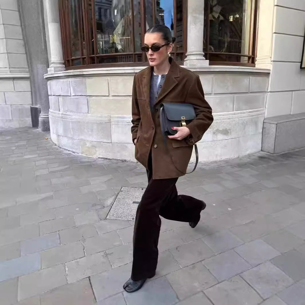 Veste femme type tailleur en faux daim, modèle décontracté