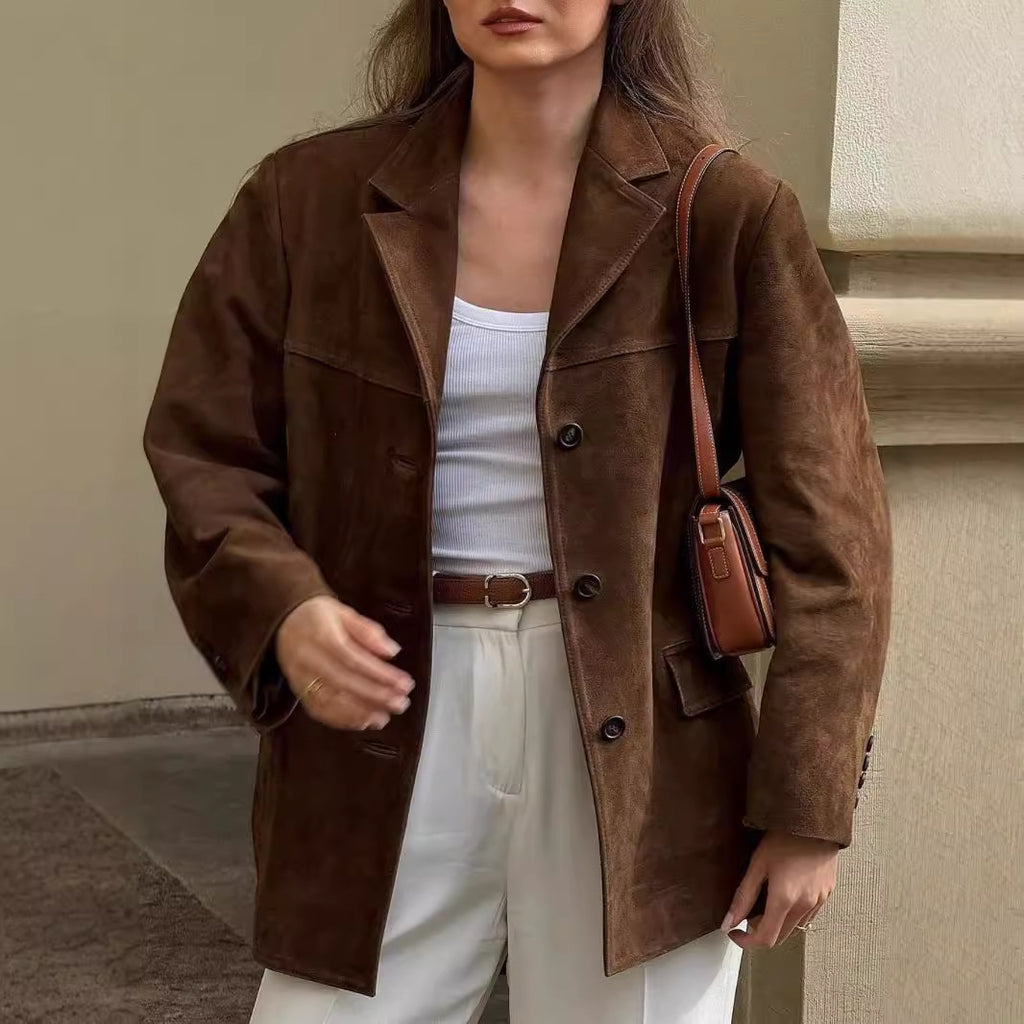 Veste femme type tailleur en faux daim, modèle décontracté