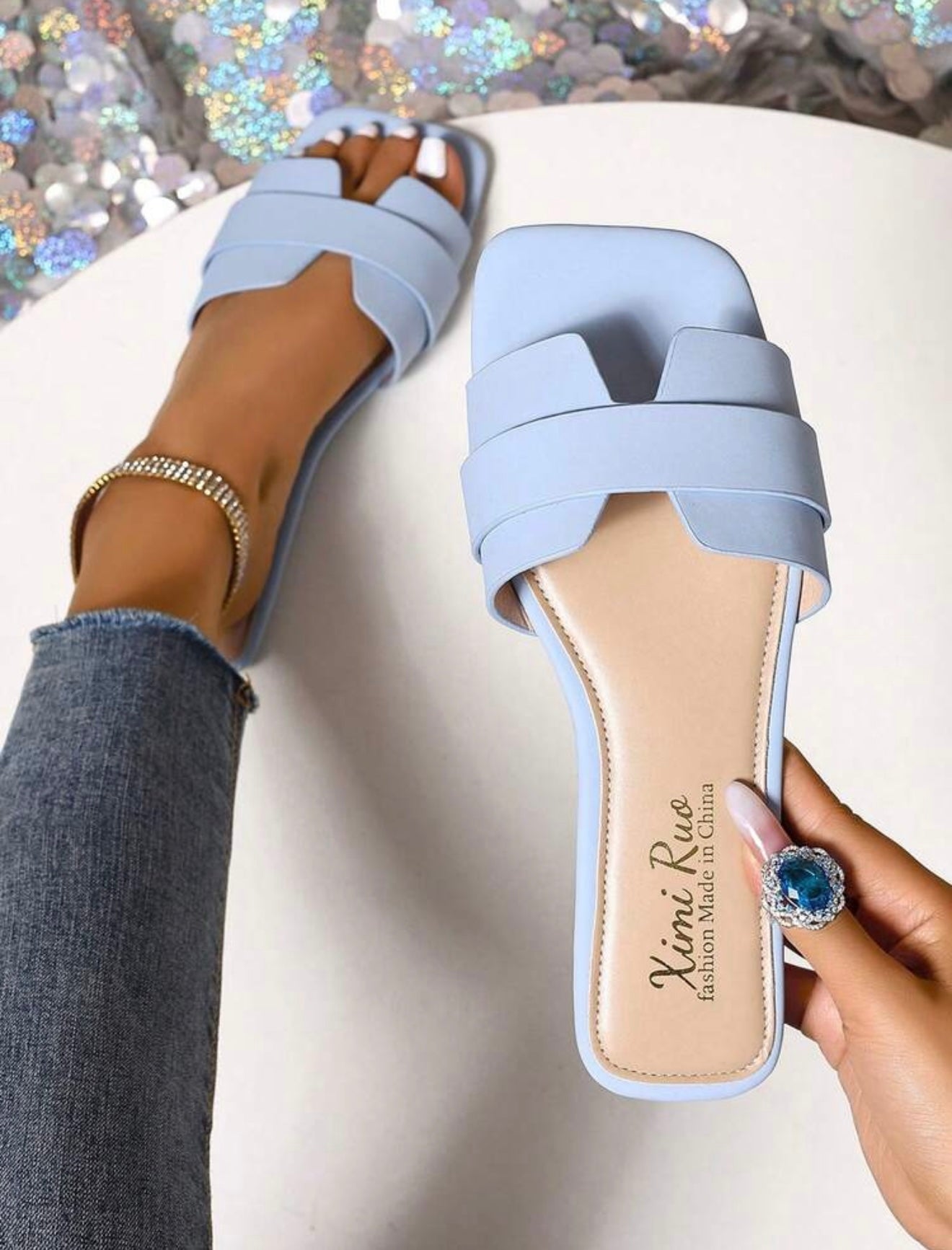 Sandali Donna Estivi Punta Quadrata Fascia Incrociata – Pantofole Basse Comode Effetto Pelle Serpente, Multicolore