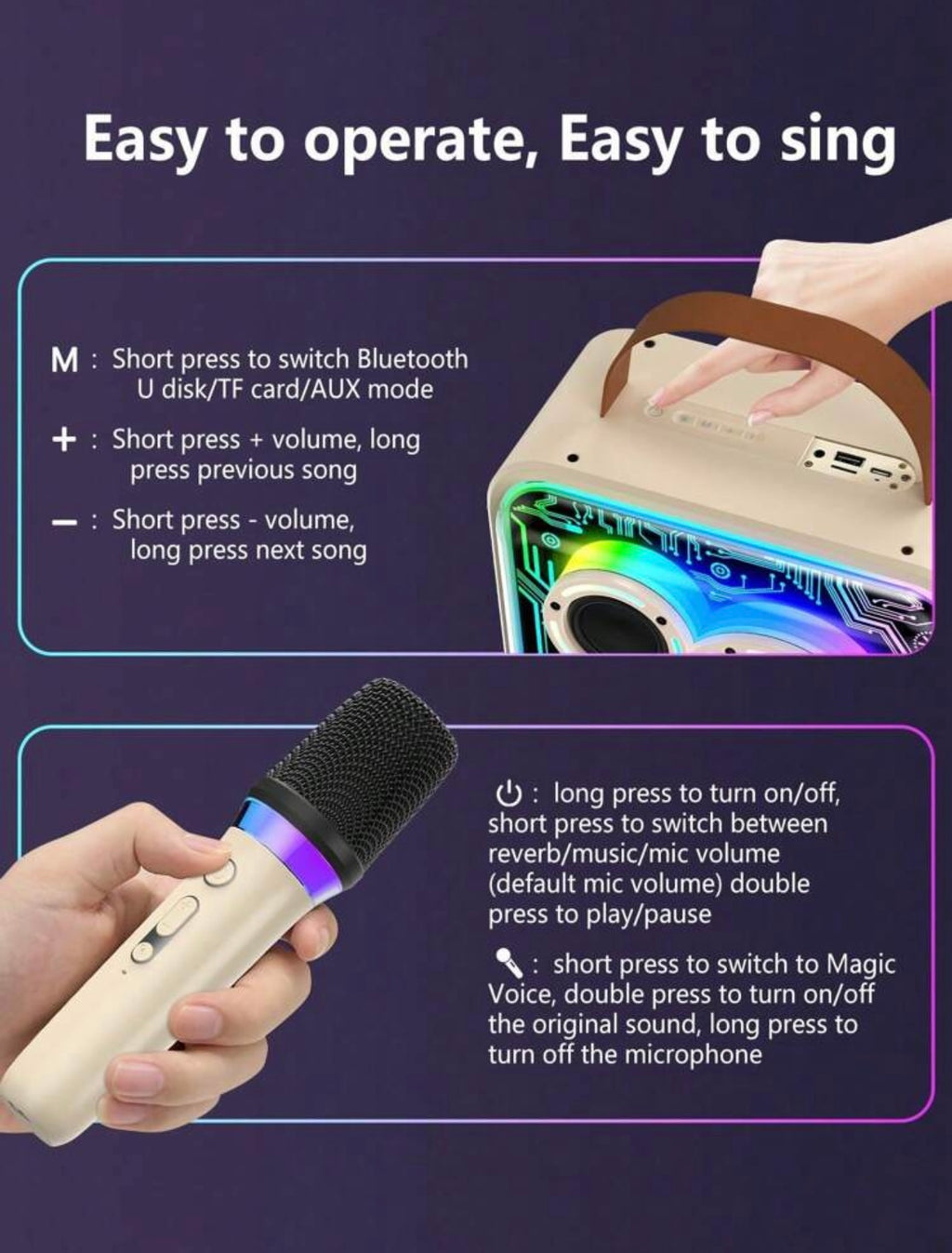 Set Karaoke Hi-Fi Bluetooth con 2 Microfoni Wireless e Luci RGB
