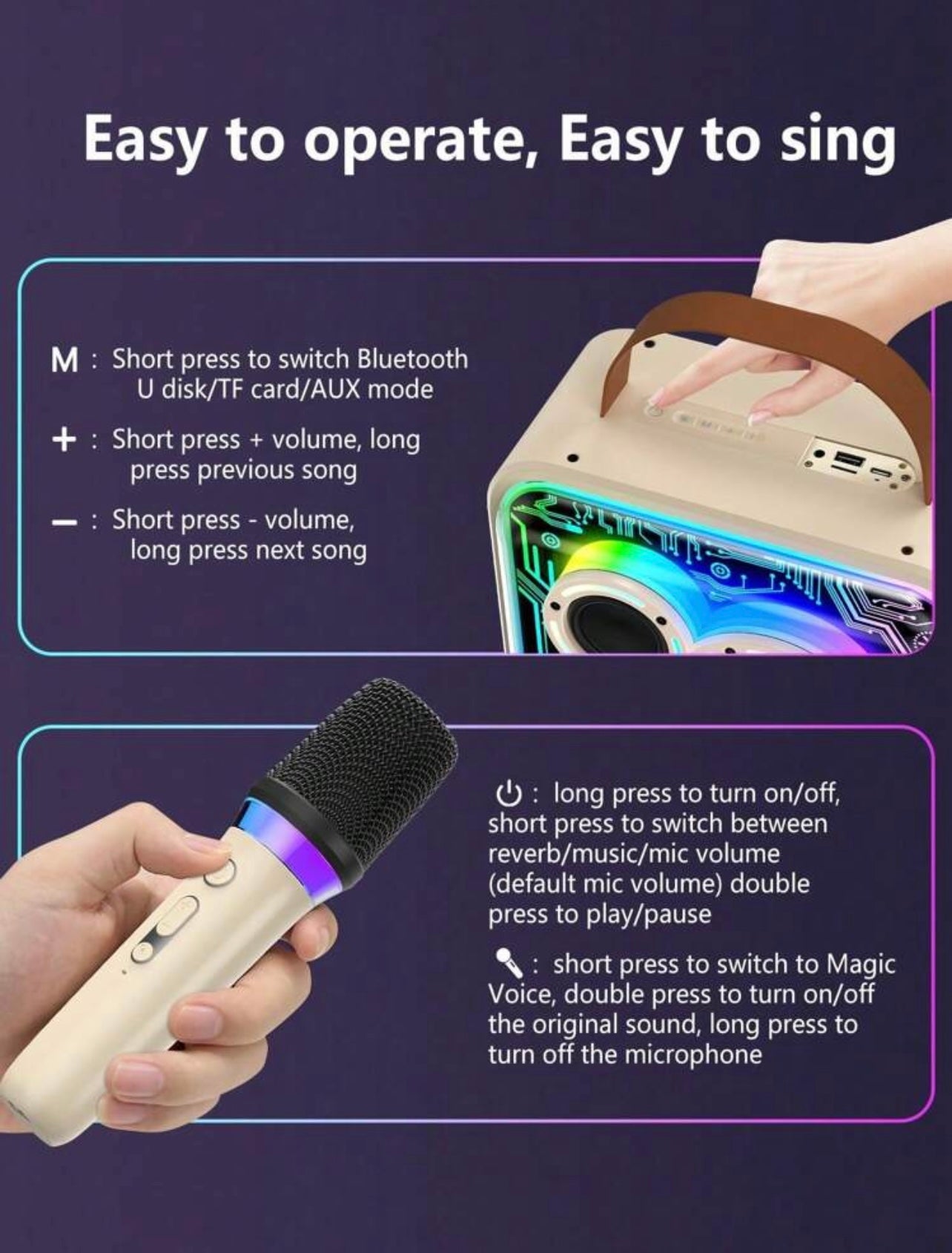 Set Karaoke Hi-Fi Bluetooth con 2 Microfoni Wireless e Luci RGB