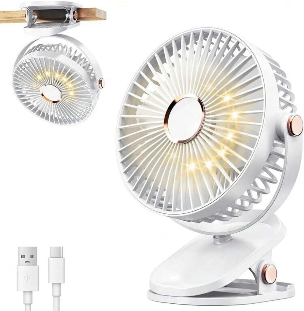 Ventilatore da Tavolo a Clip con Luce LED - Ricaricabile USB, Rotazione 360°, 3 Velocità