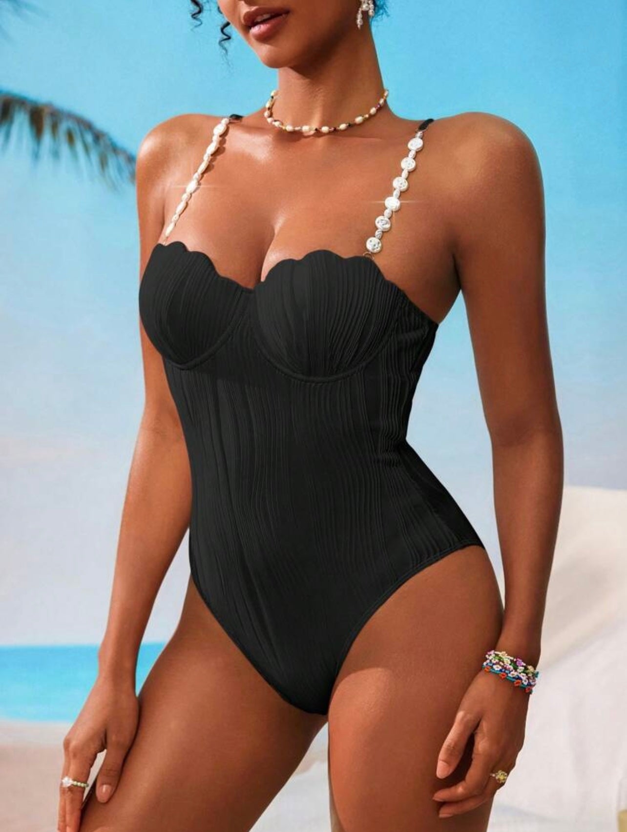 Costume da bagno intero a tinta unita con spalline per donna, adatto per spiaggia e resort