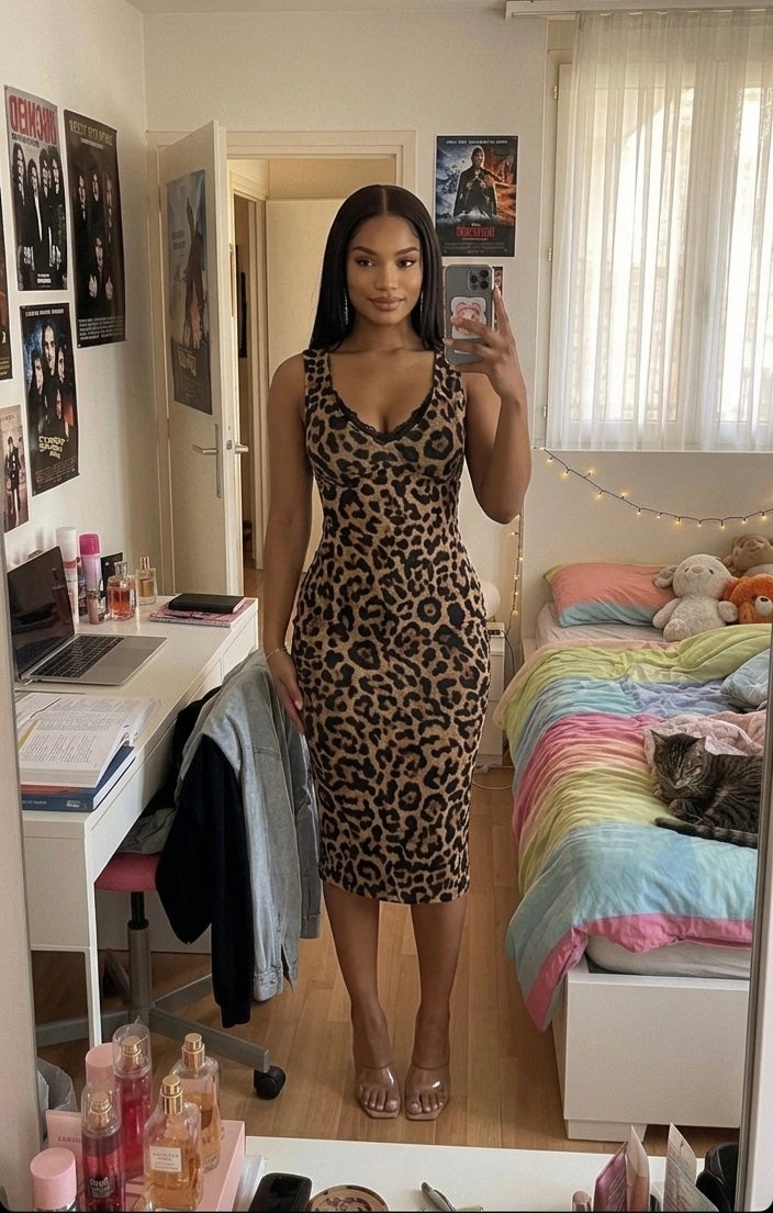 Abito Sexy Estate 2026 – con Scollo a V e Stampa Leopardata