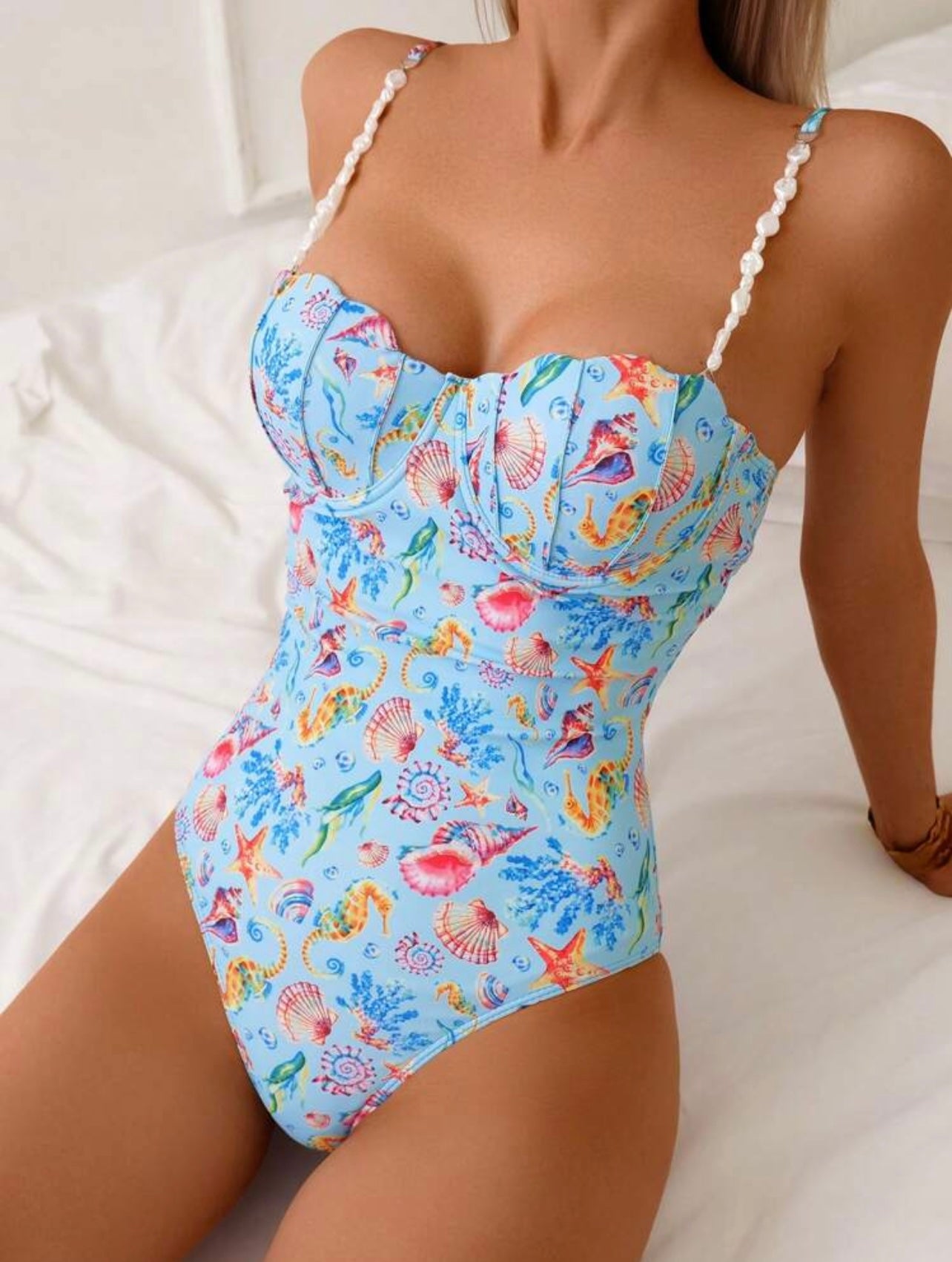 Costume da bagno intero per l estate e le vacanze al mare, con stampa casuale tema oceano, ferretto push-up, spalline sottili, taglio alto