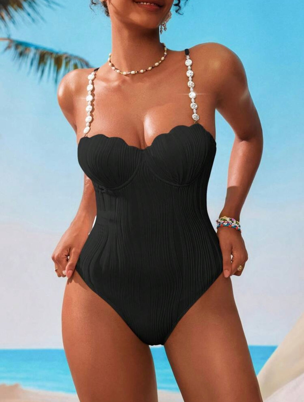Costume da bagno intero a tinta unita con spalline per donna, adatto per spiaggia e resort