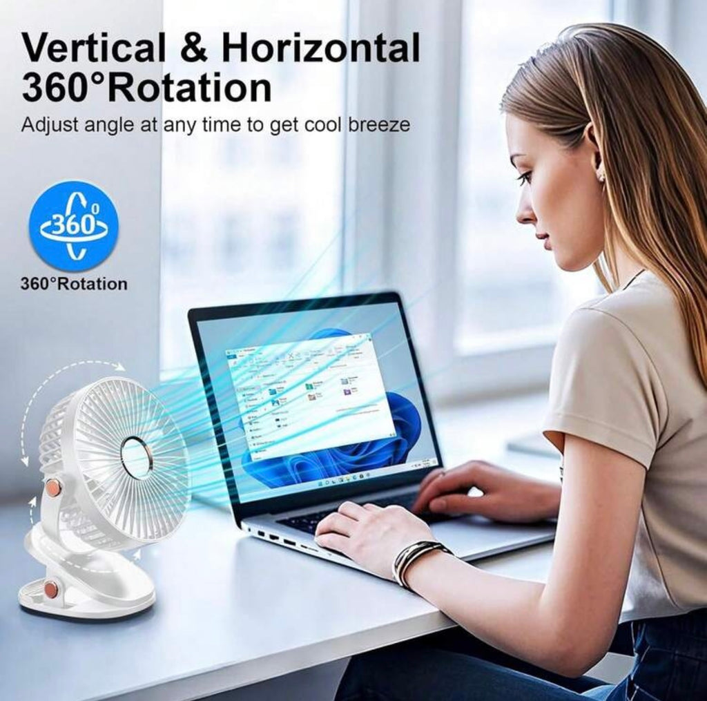 Ventilatore da Tavolo a Clip con Luce LED - Ricaricabile USB, Rotazione 360°, 3 Velocità