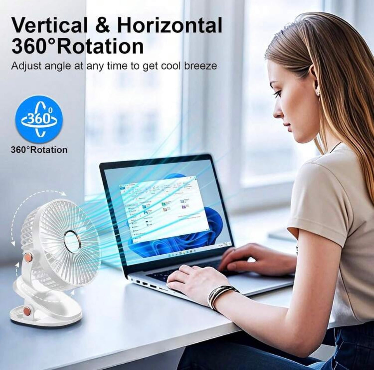 Ventilatore da Tavolo a Clip con Luce LED - Ricaricabile USB, Rotazione 360°, 3 Velocità