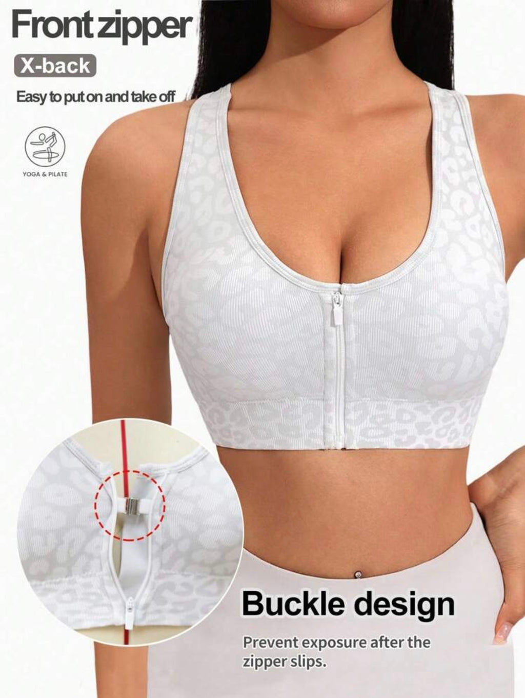 Reggiseno sportivo da donna con stampa leopardata e zip frontale