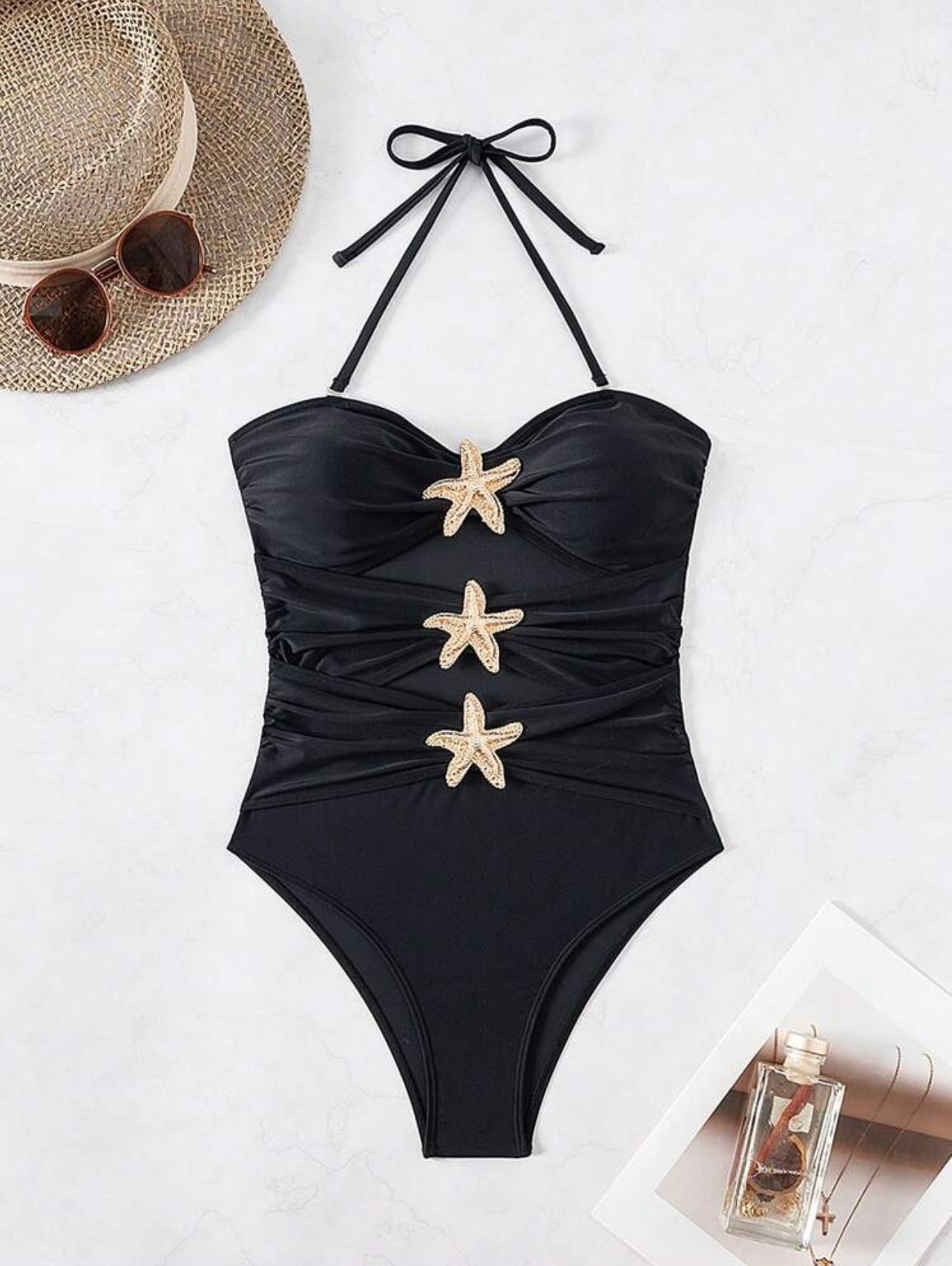 Costume da bagno intero nero con cinturino rimovibile, design a stella marina dorata traforata,