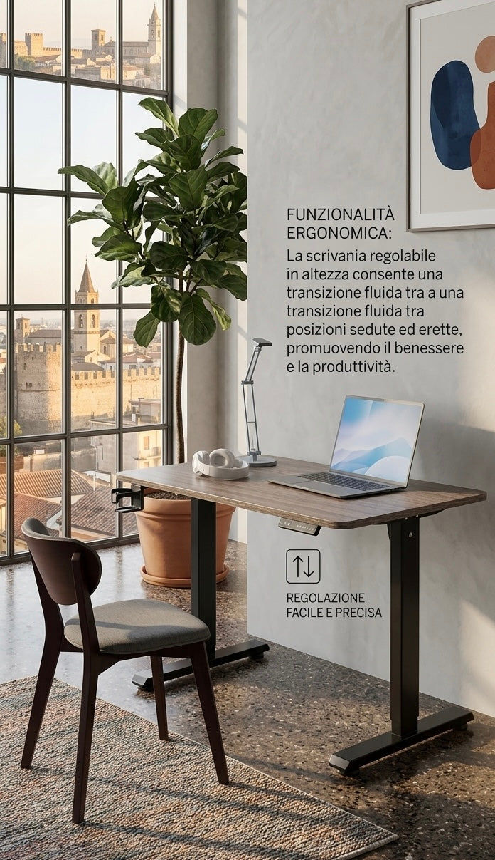 Scrivania Motorizzata Sit-Stand per Ufficio: Altezza Regolabile 73-118 cm con Gancio per Cuffie e Portabicchieri
