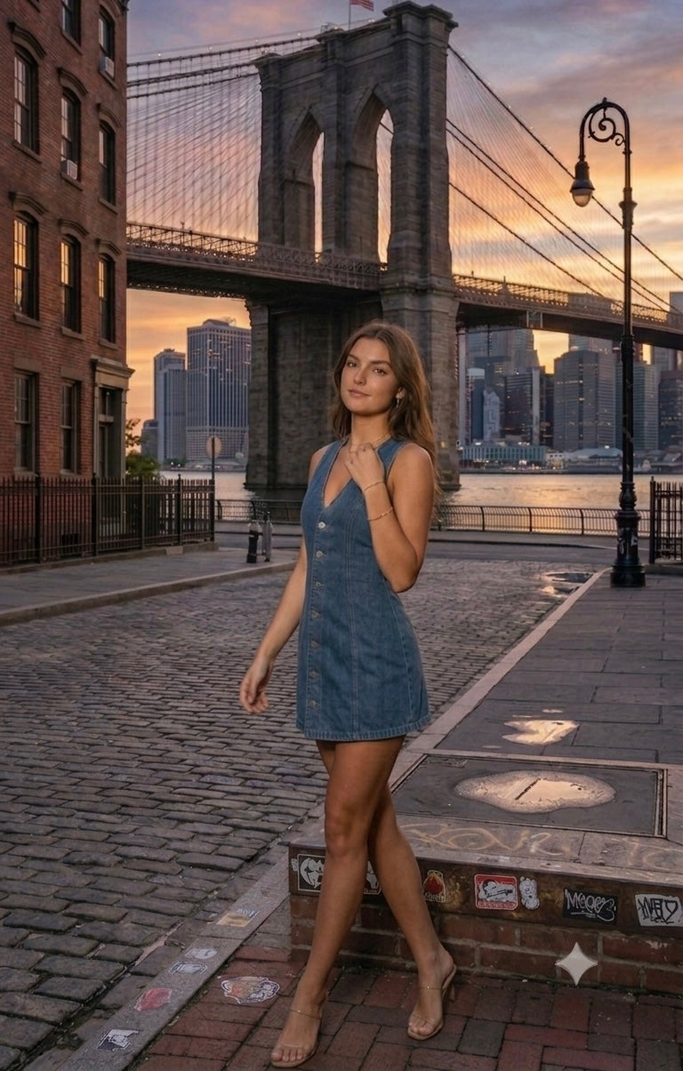Abito smanicato in denim da donna, stile elegante e urban, scollo a V, vita aderente e design con cuciture a contrasto