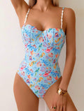 Costume da bagno intero per l estate e le vacanze al mare, con stampa casuale tema oceano, ferretto push-up, spalline sottili, taglio alto