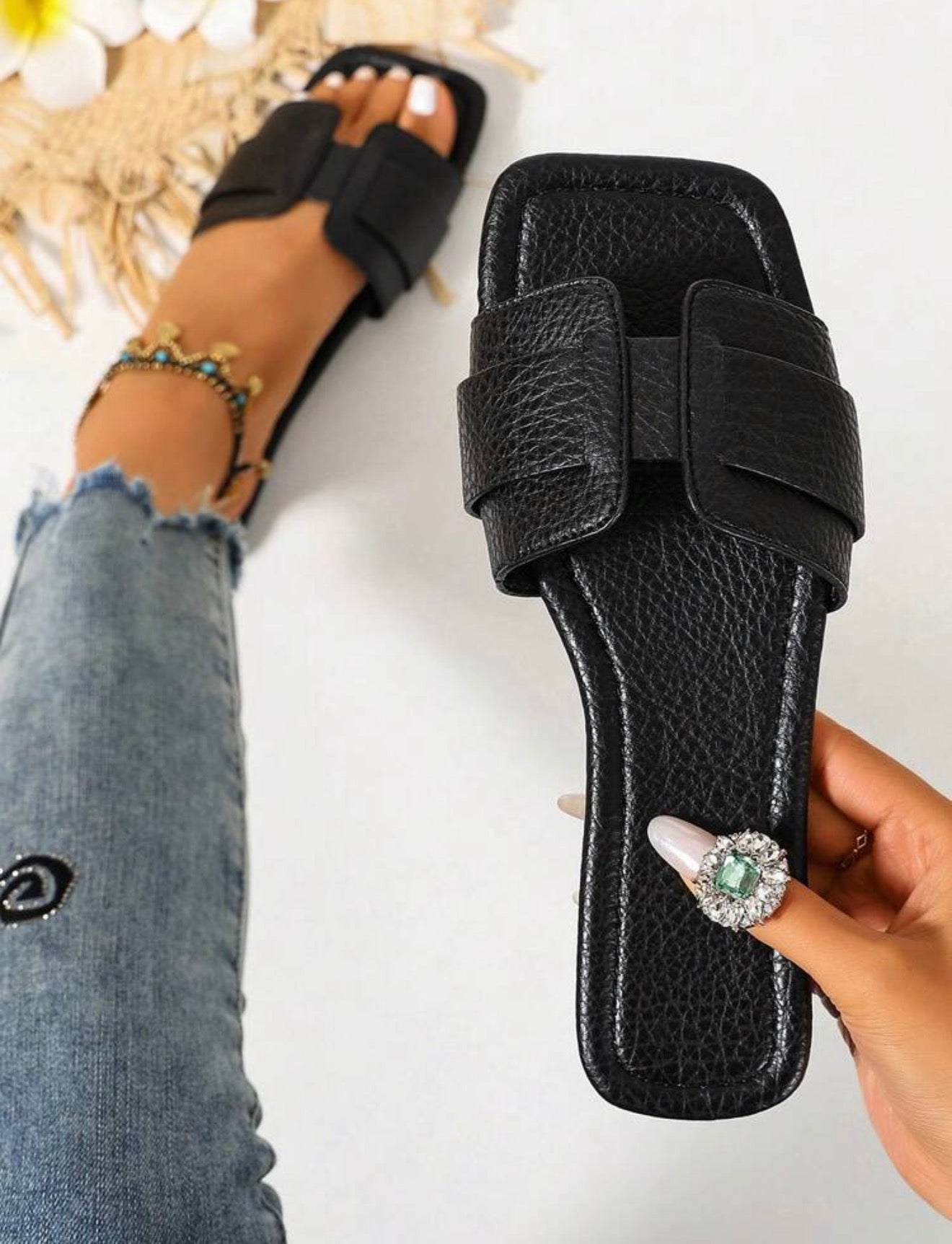 Sandali Donna Estivi Punta Quadrata Fascia Incrociata – Pantofole Basse Comode Effetto Pelle Serpente, Multicolore