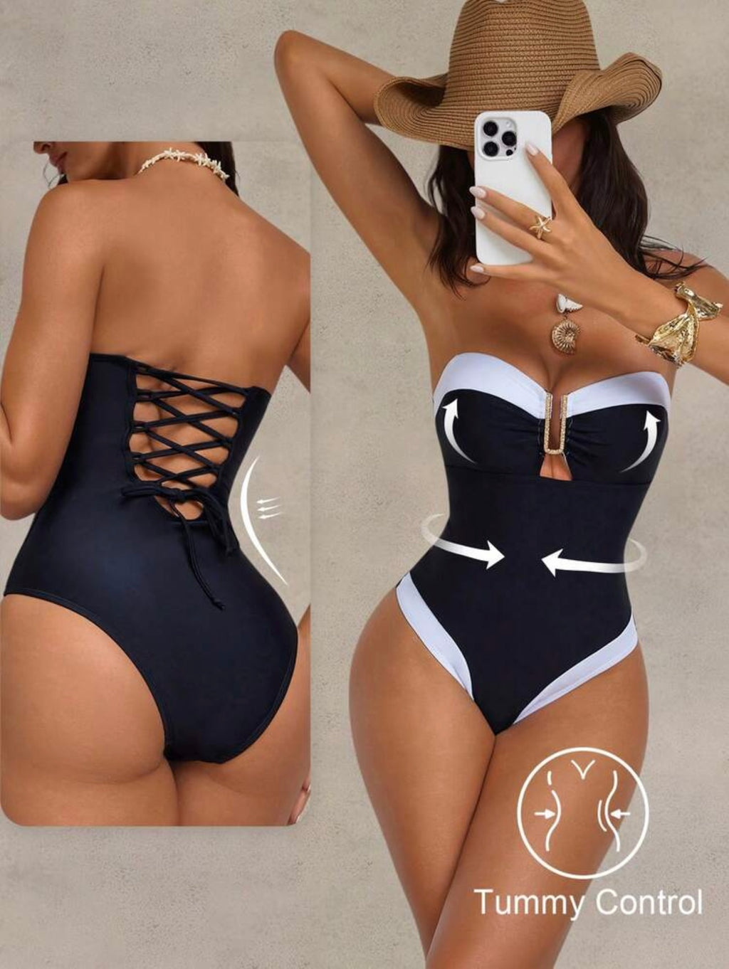 Costume da bagno intero modellante sexy bianco e nero a contrasto Donna 2026