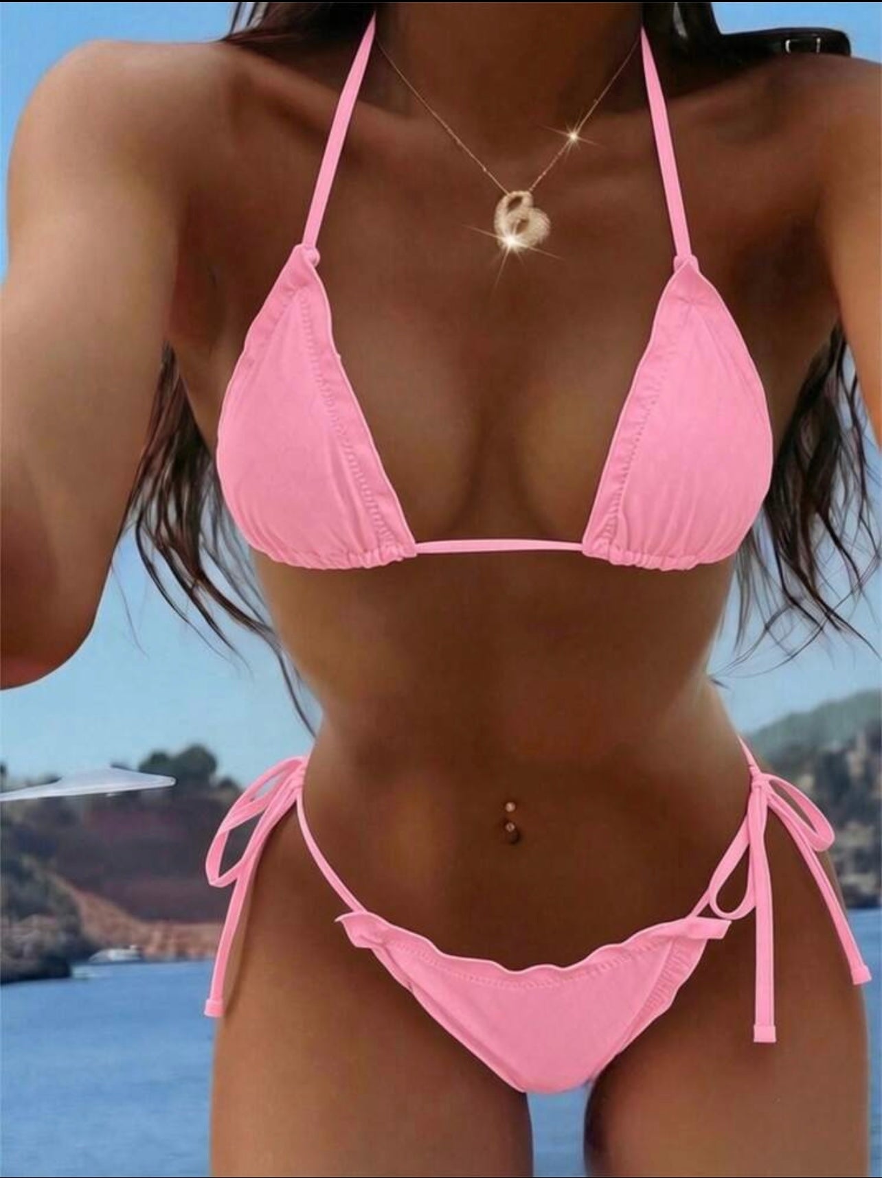 Costume da bagno bikini da donna con laccetti al collo, colore unito, sexy, adatto per l'estate e la spiaggia
