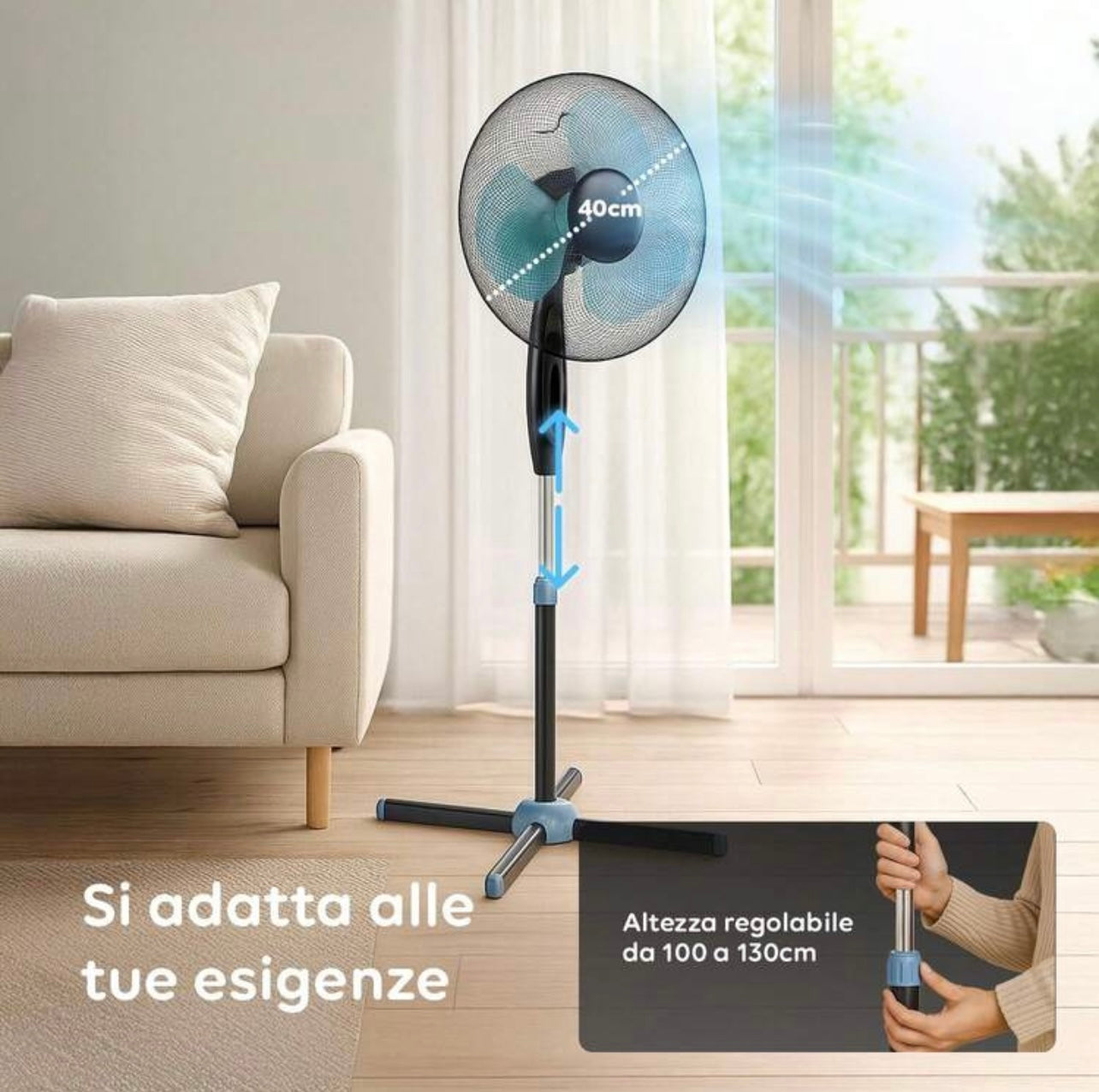 Ventilatore a Piantana 40cm - Altezza Regolabile, 3 Velocità, Oscillazione Automatica