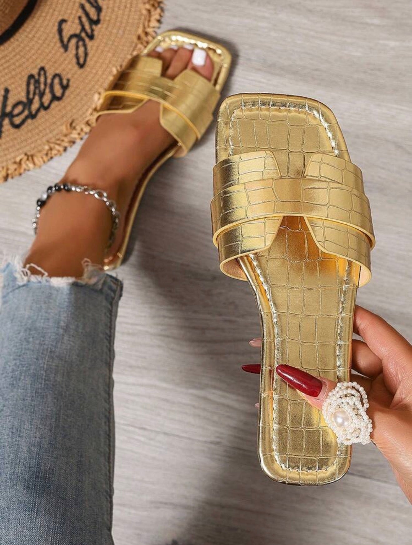 Sandali Donna Estivi Punta Quadrata Fascia Incrociata – Pantofole Basse Comode Effetto Pelle Serpente, Multicolore