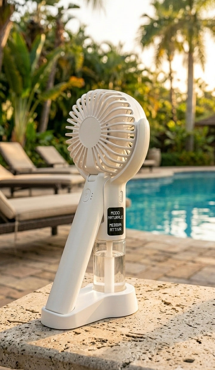 Mini Ventilatore Portatile 2-in-1: Freschezza e Idratazione Sempre con Te