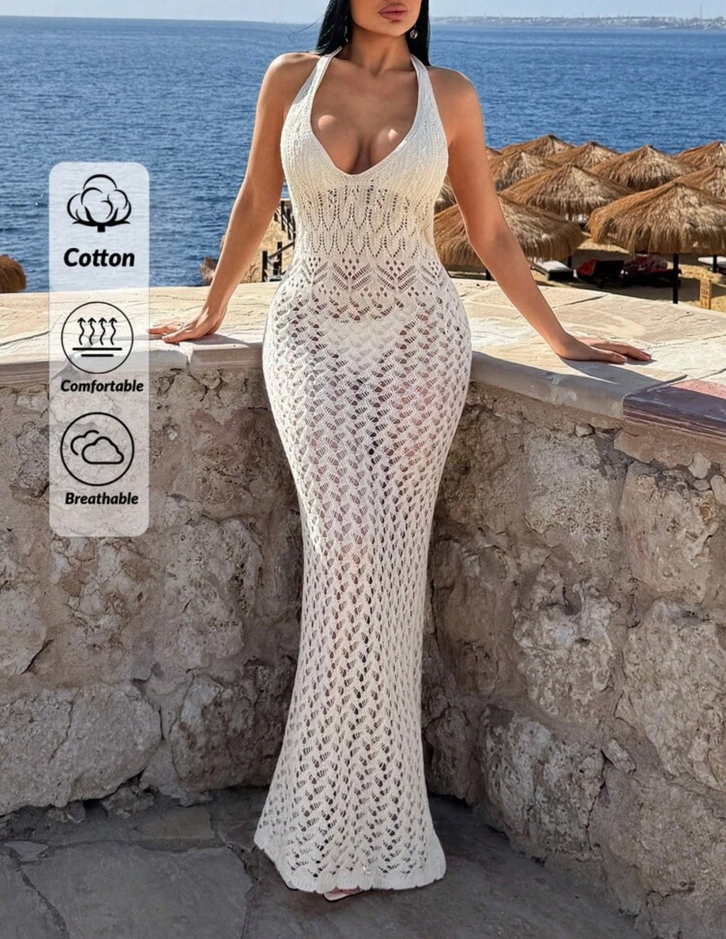 Copricostume da donna, con scollo ad aletta, senza schienale, effetto aderente, adatto per l'estate e la spiaggia