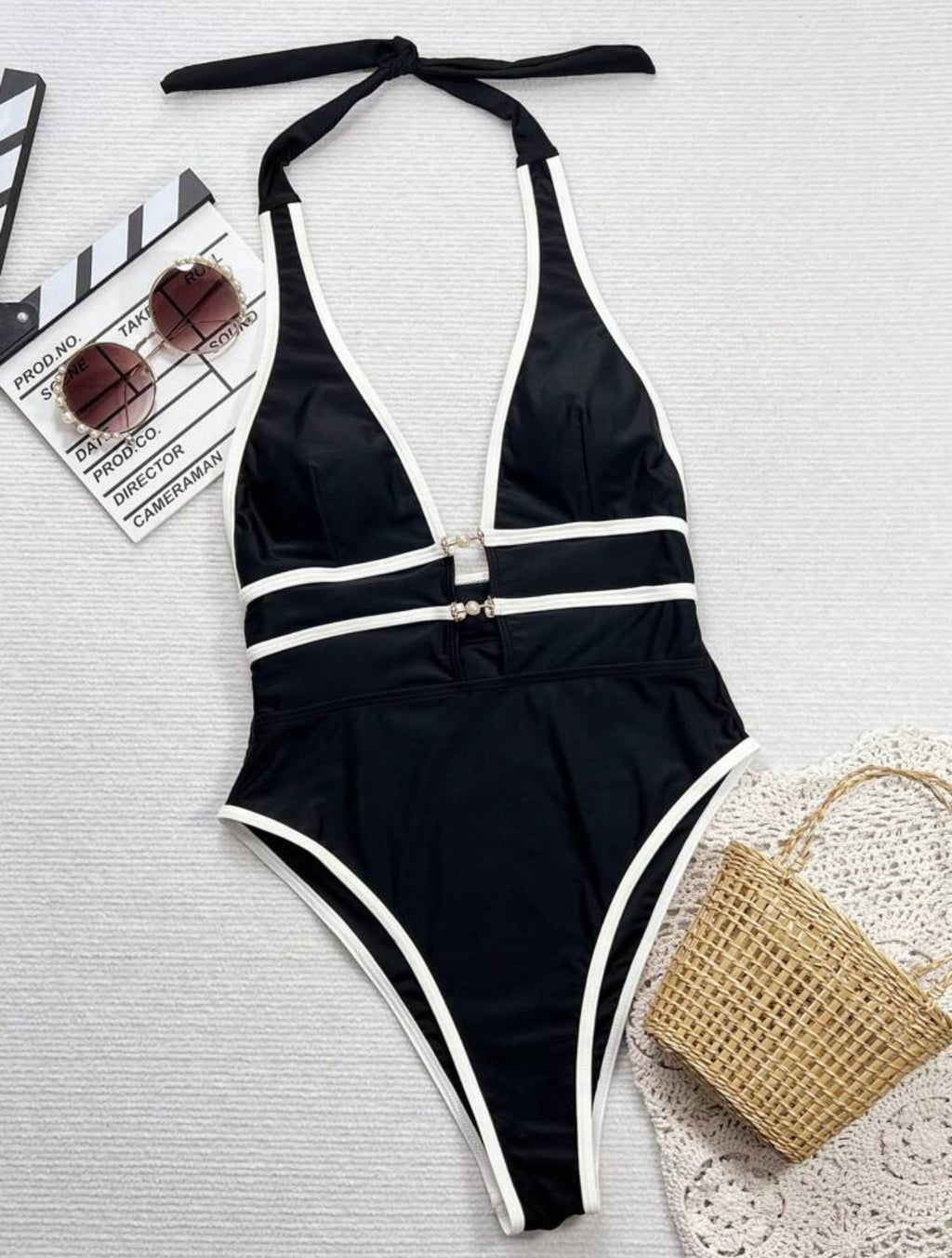 Costume da bagno intero sexy a scollo a V profondo e collo alto, in colore nero, per donna