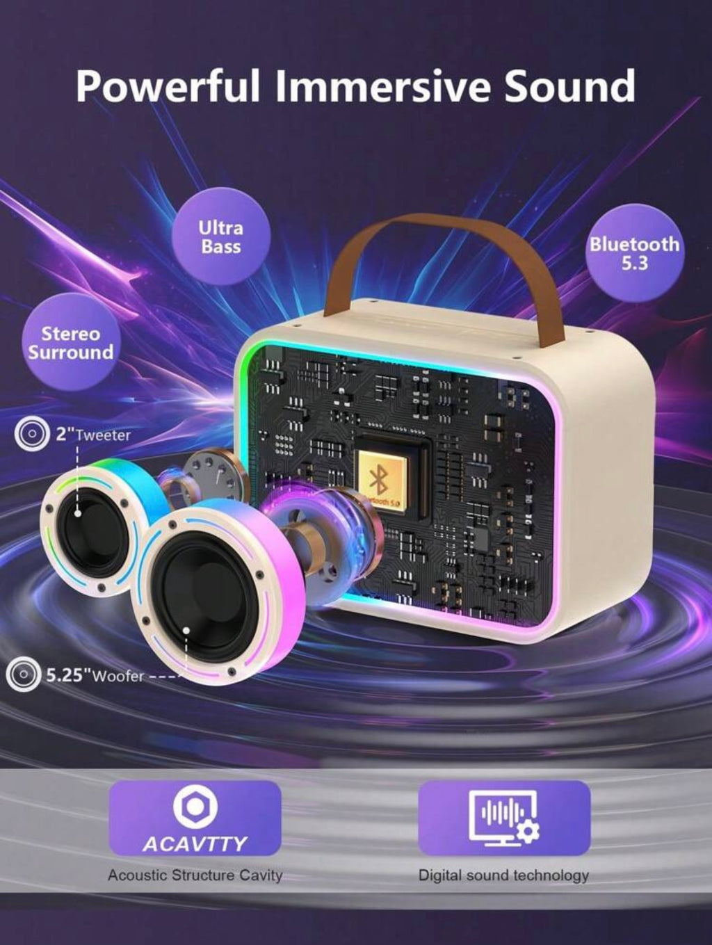 Set Karaoke Hi-Fi Bluetooth con 2 Microfoni Wireless e Luci RGB