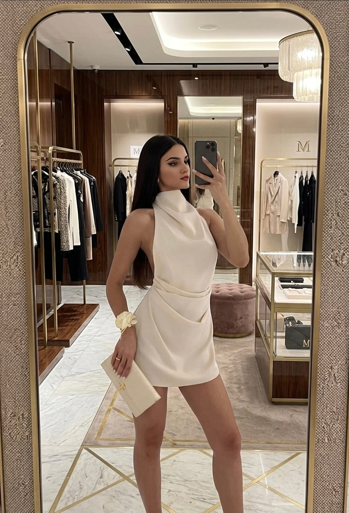 Abito corto sexy senza maniche Donna con collo alto, spalline sottili incrociate sulla schiena scoperta ed elegante stile da cerimonia