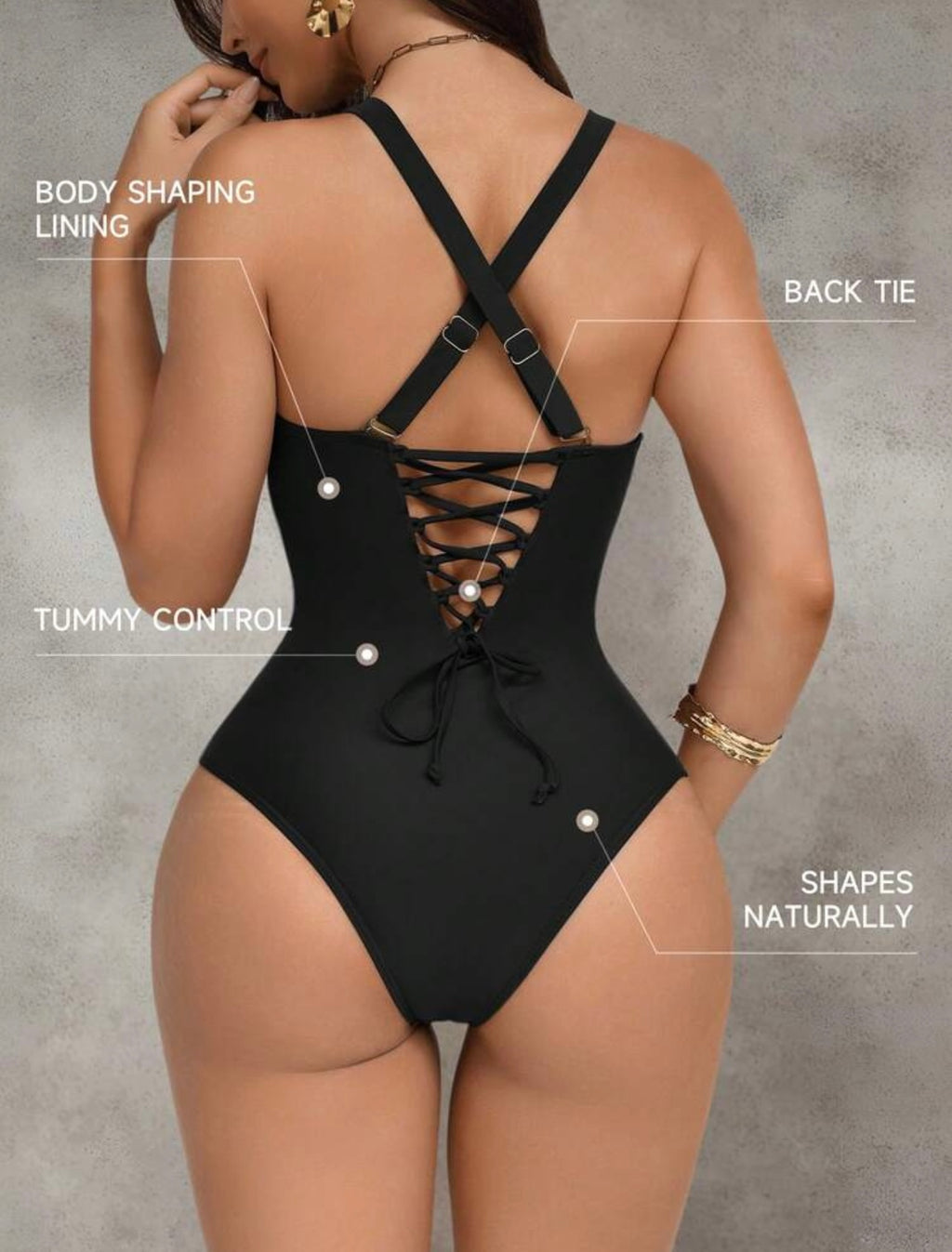 Costume da bagno intero da donna con patchwork marrone, push-up e controllo pancia, con schiena incrociata