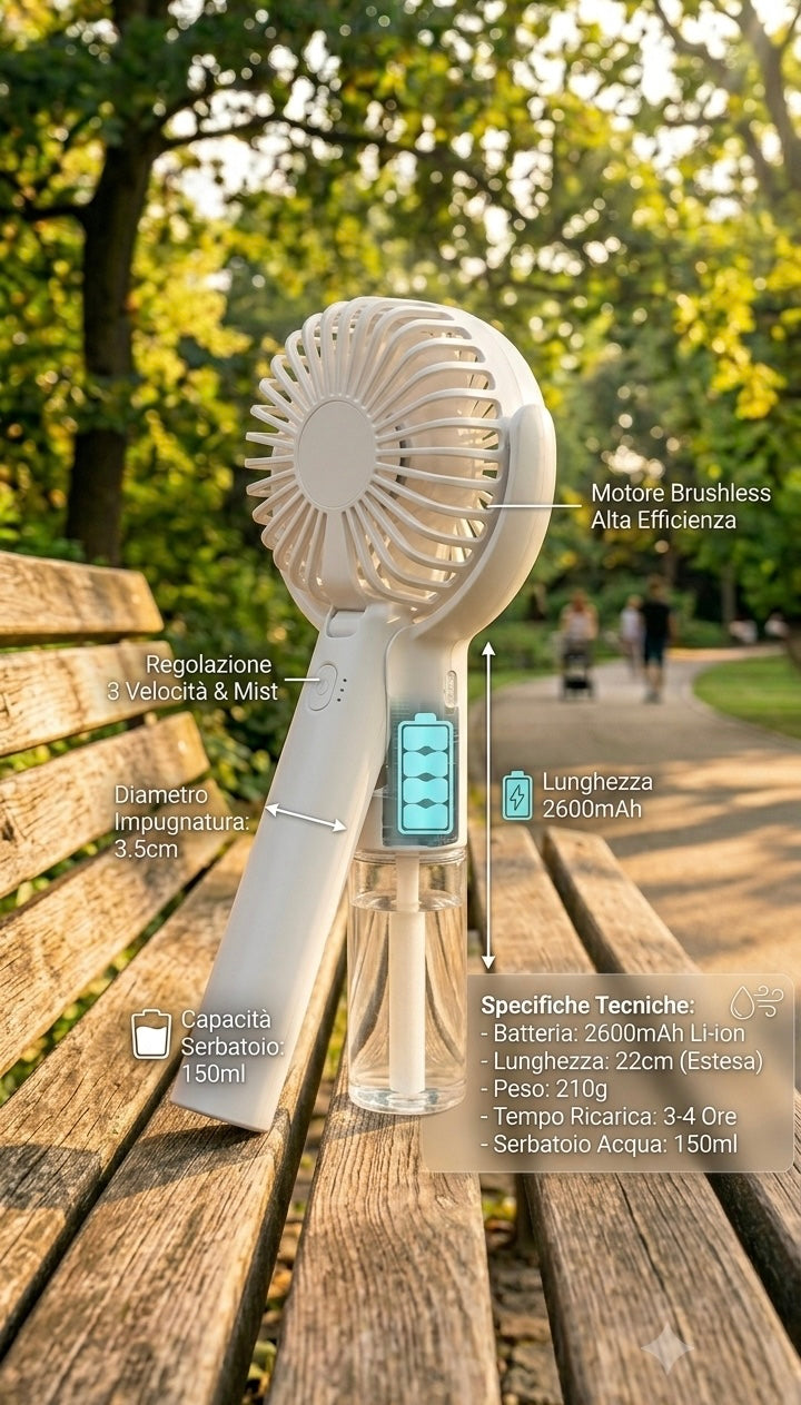 Mini Ventilatore Portatile 2-in-1: Freschezza e Idratazione Sempre con Te