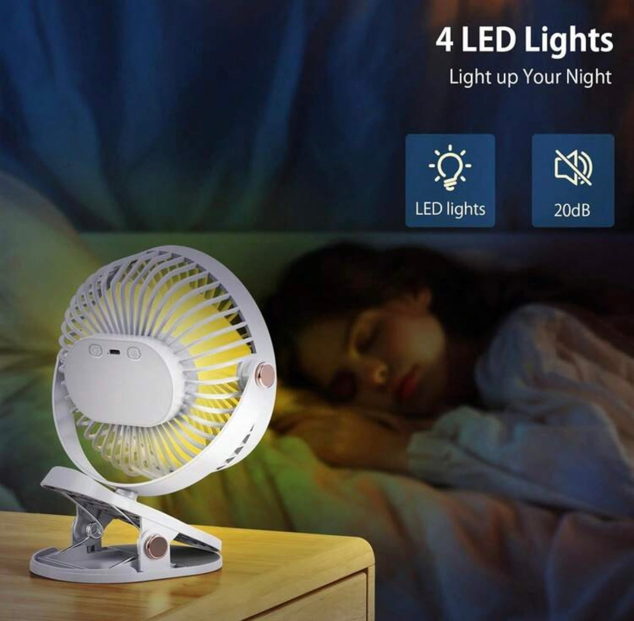 Ventilatore da Tavolo a Clip con Luce LED - Ricaricabile USB, Rotazione 360°, 3 Velocità