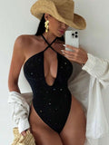 Costume da bagno intero sexy, in rete lucida con tagli incrociati e scollo a barchetta per le donne