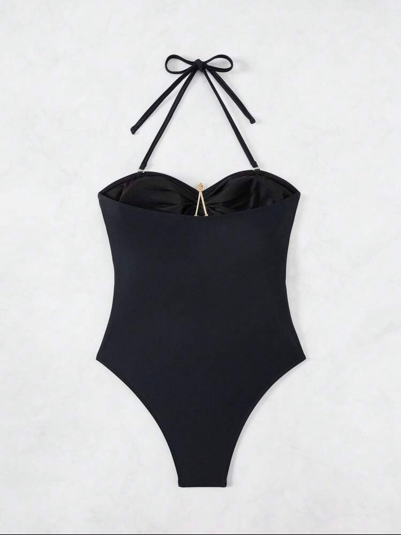 Costume da bagno intero nero con cinturino rimovibile, design a stella marina dorata traforata,