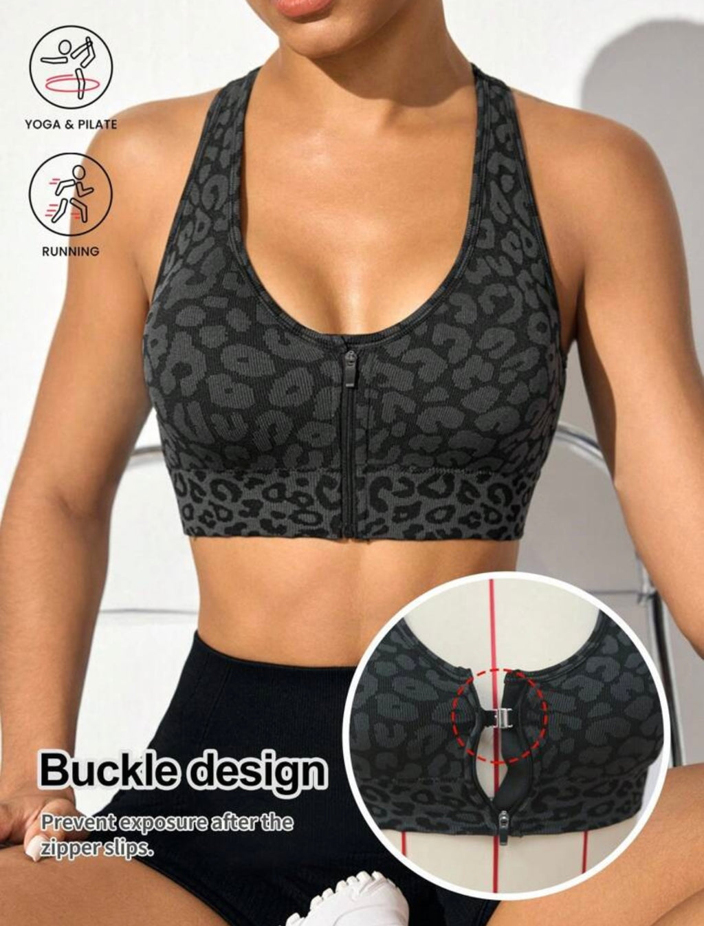 Reggiseno sportivo da donna con stampa leopardata e zip frontale