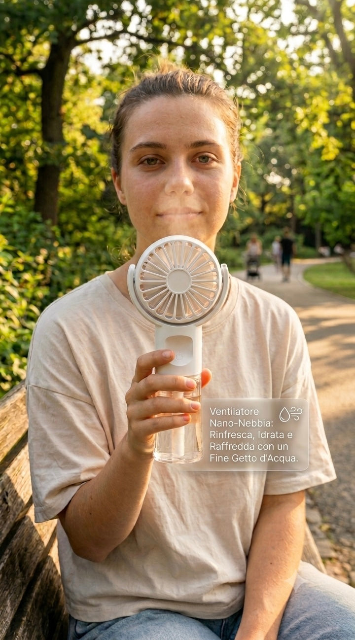 Mini Ventilatore Portatile 2-in-1: Freschezza e Idratazione Sempre con Te