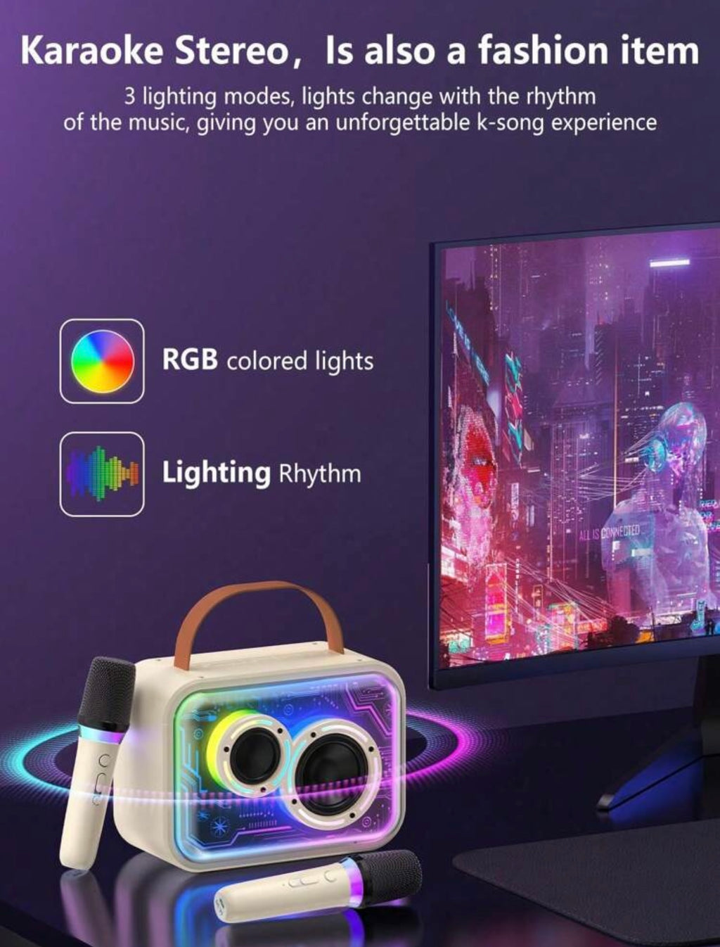 Set Karaoke Hi-Fi Bluetooth con 2 Microfoni Wireless e Luci RGB