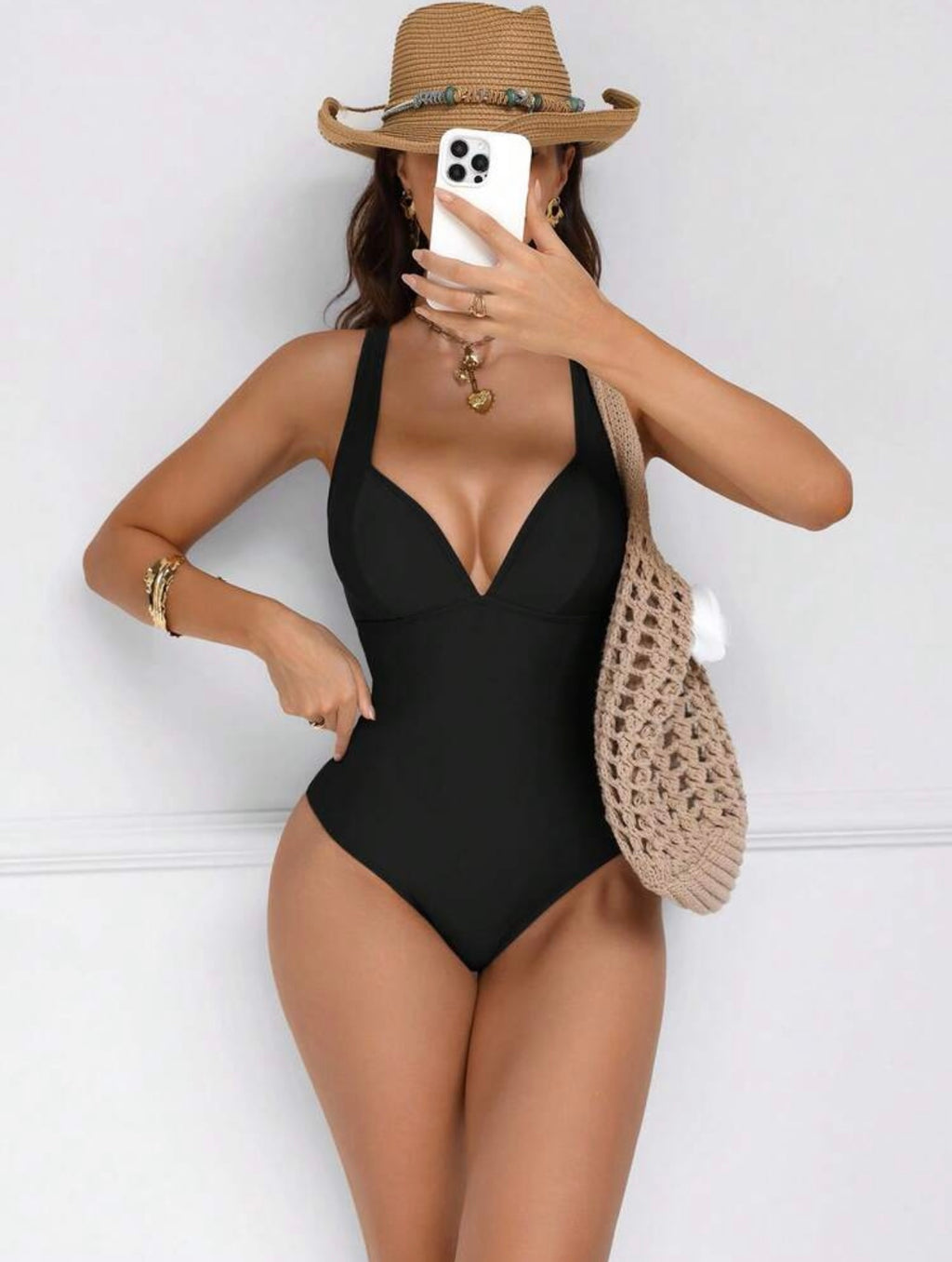 Costume da bagno intero da donna con patchwork marrone, push-up e controllo pancia, con schiena incrociata
