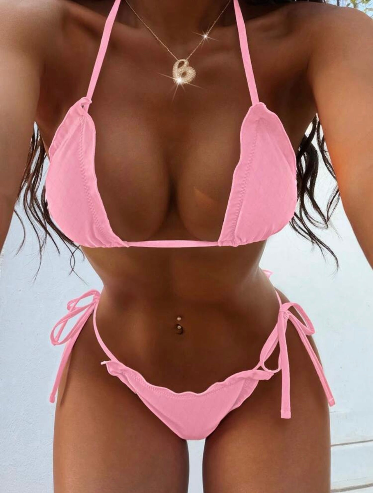 Costume da bagno bikini da donna con laccetti al collo, colore unito, sexy, adatto per l'estate e la spiaggia
