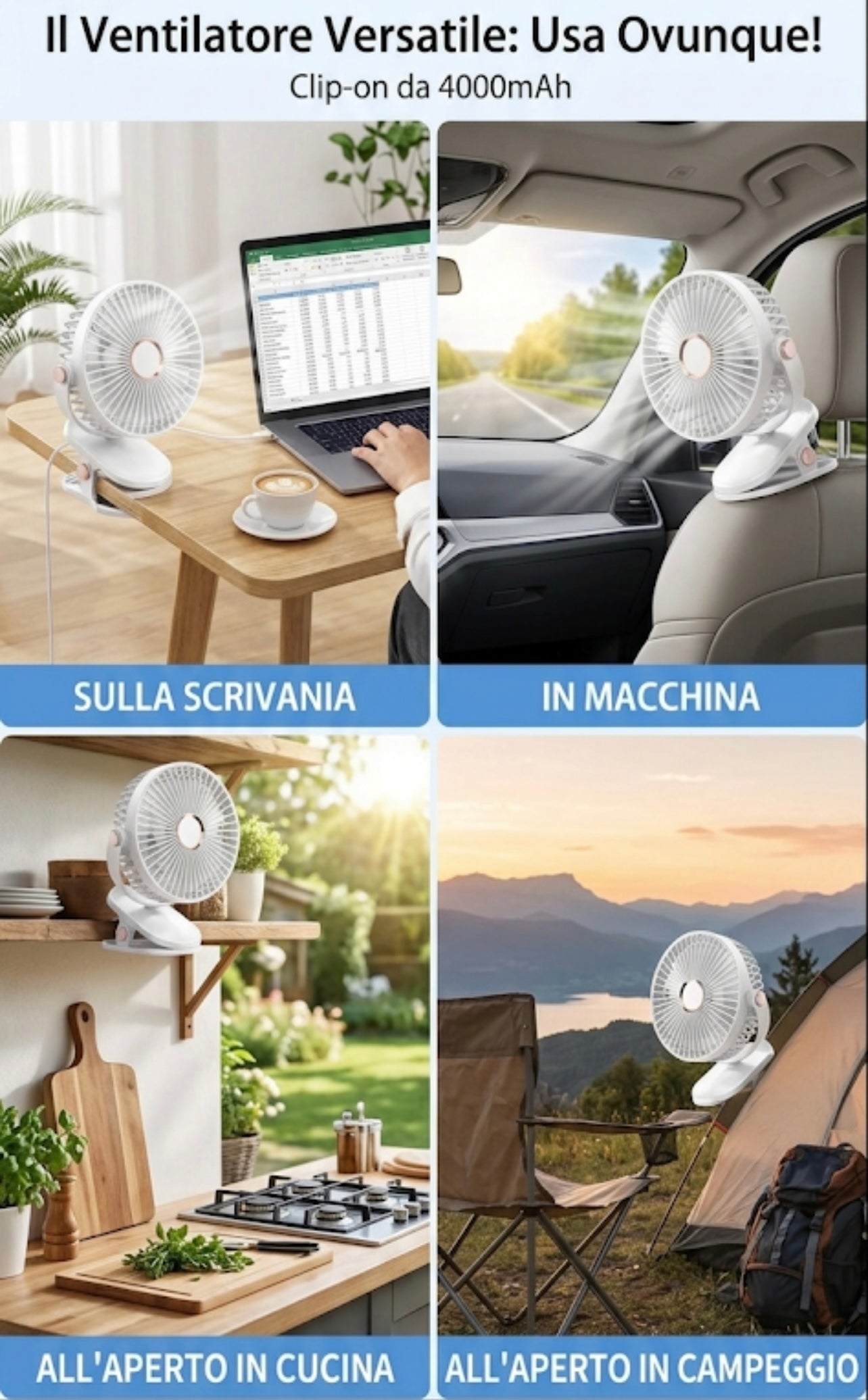 Ventilatore da Tavolo a Clip con Luce LED - Ricaricabile USB, Rotazione 360°, 3 Velocità