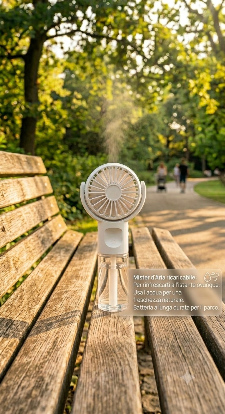 Mini Ventilatore Portatile 2-in-1: Freschezza e Idratazione Sempre con Te