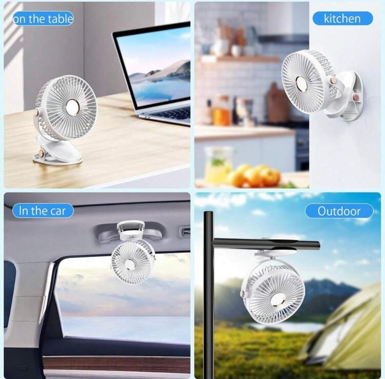 Ventilatore da Tavolo a Clip con Luce LED - Ricaricabile USB, Rotazione 360°, 3 Velocità