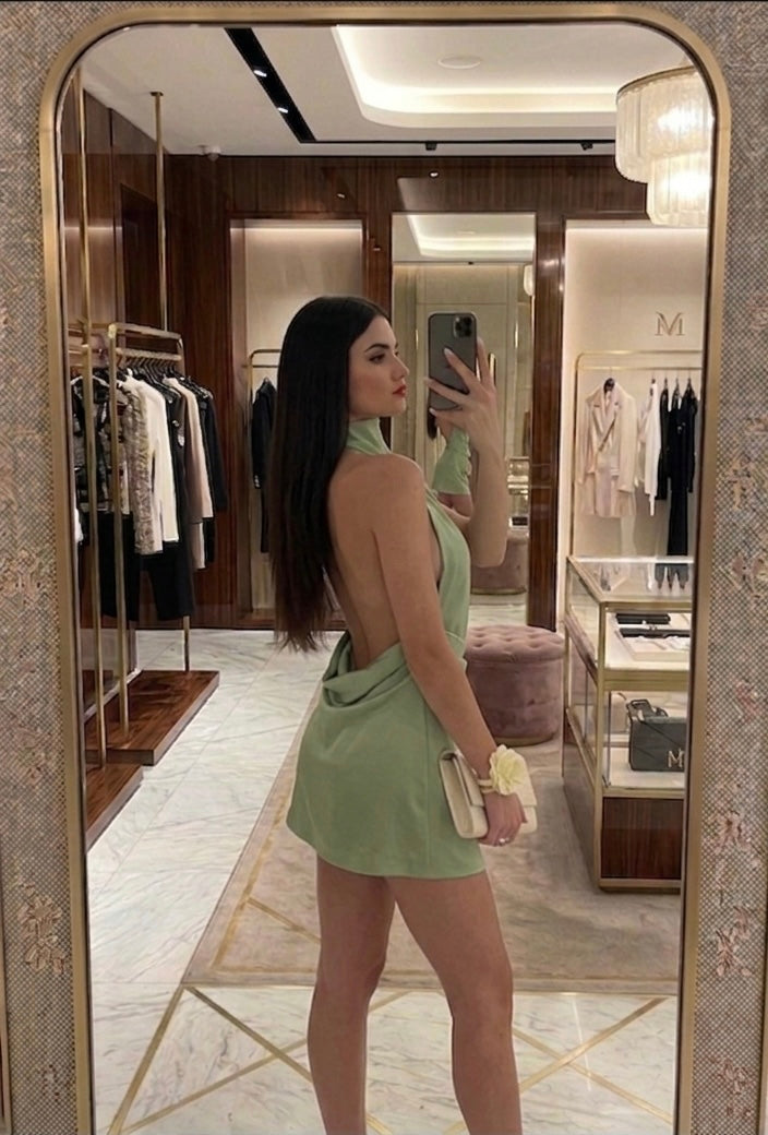 Abito corto sexy senza maniche Donna con collo alto, spalline sottili incrociate sulla schiena scoperta ed elegante stile da cerimonia