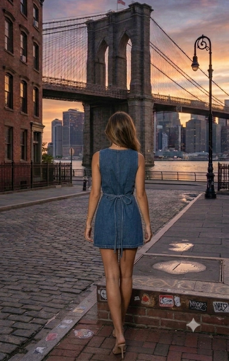 Abito smanicato in denim da donna, stile elegante e urban, scollo a V, vita aderente e design con cuciture a contrasto