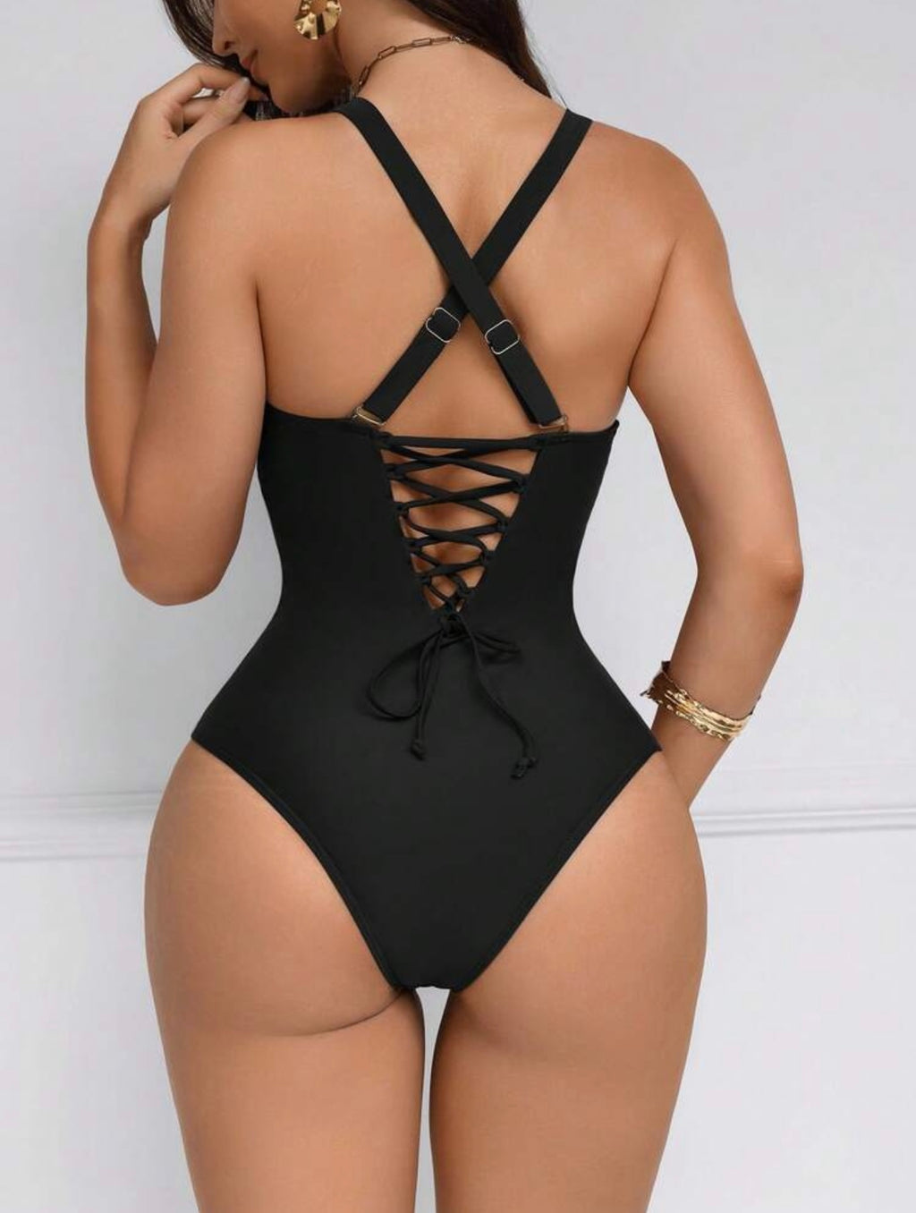 Costume da bagno intero da donna con patchwork marrone, push-up e controllo pancia, con schiena incrociata