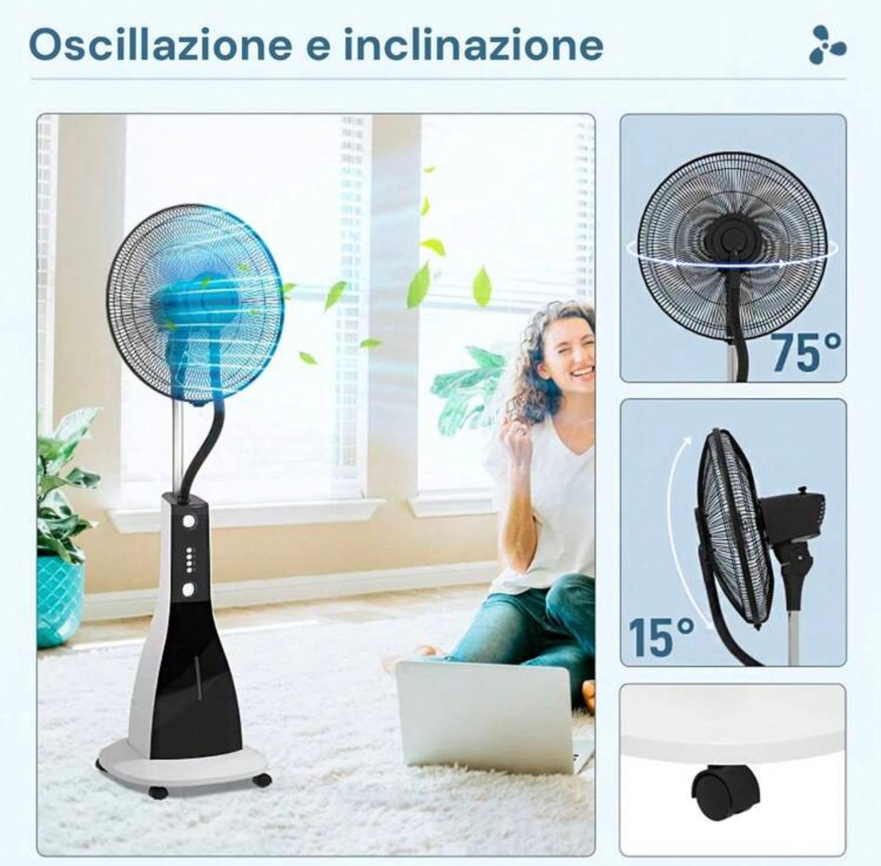 Ventilatore a Piantana con Nebulizzatore e Umidificatore, Serbatoio 3L, 3 Velocità, Timer e Telecomando